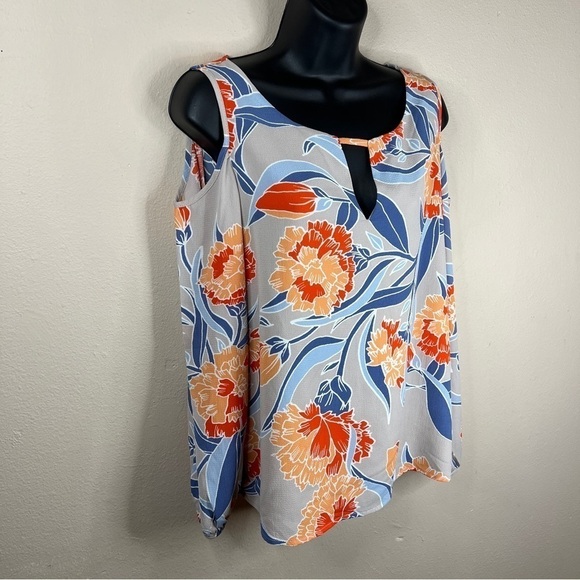 Small NEW Floral Blouse Cold Shoulder Keyhole Neckline C&E Orange Blue - Picture 4 of 11